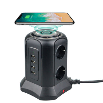 Prelungitor Tip Turn 4000W, 11 ieșiri, 6 Prize, 4x USB-A, Încărcare Wireless 5W, Protecție Suprasarcină, Material Ignifug