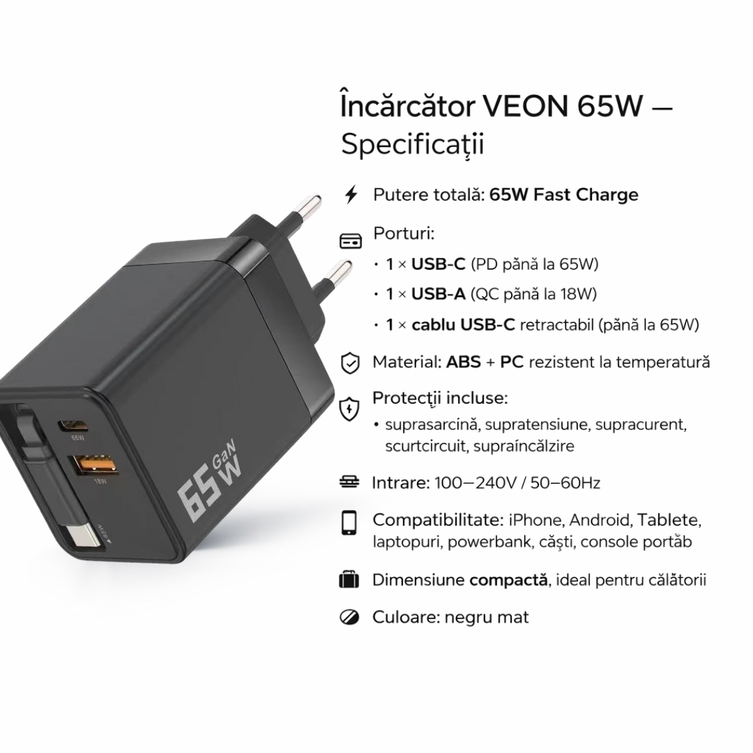 Încărcător VEON 65W GaN Fast Charge, USB-C PD, USB-A QC, Cablu USB-C Retractabil, Protecții Multiple, Negru Mat