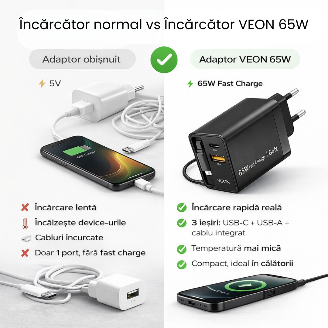 Încărcător VEON 65W GaN Fast Charge, USB-C PD, USB-A QC, Cablu USB-C Retractabil, Protecții Multiple, Negru Mat