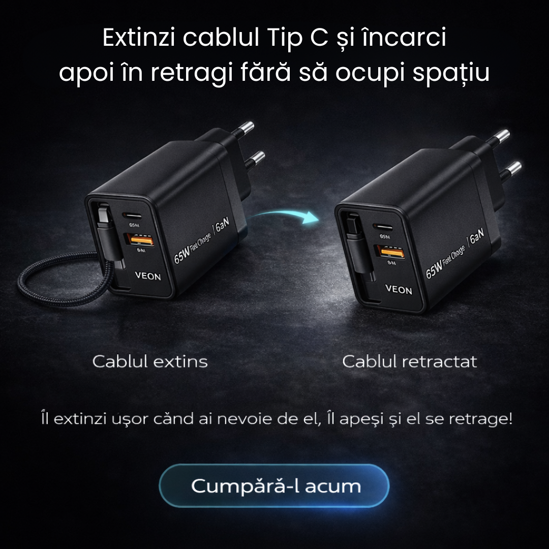 Încărcător VEON 65W GaN Fast Charge, USB-C PD, USB-A QC, Cablu USB-C Retractabil, Protecții Multiple, Negru Mat