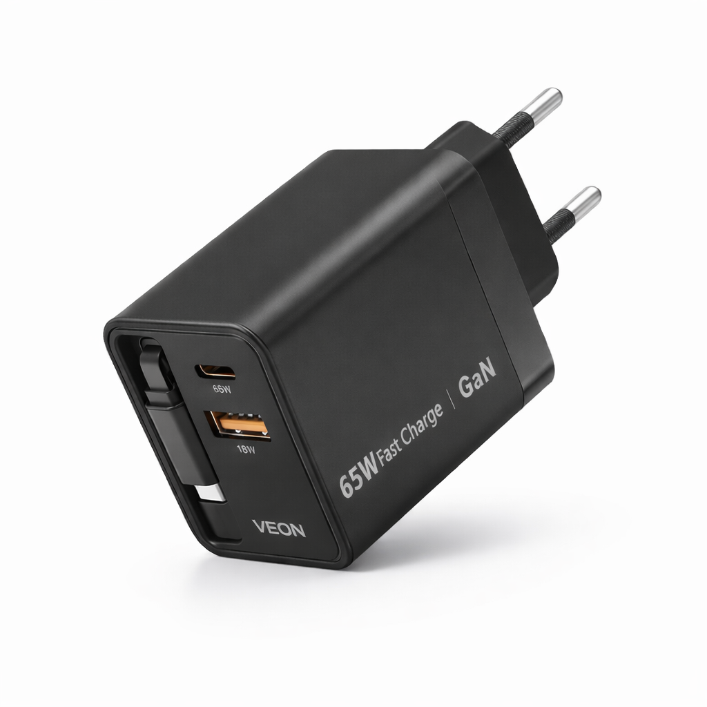 Încărcător VEON 65W GaN Fast Charge, USB-C PD, USB-A QC, Cablu USB-C Retractabil, Protecții Multiple, Negru Mat