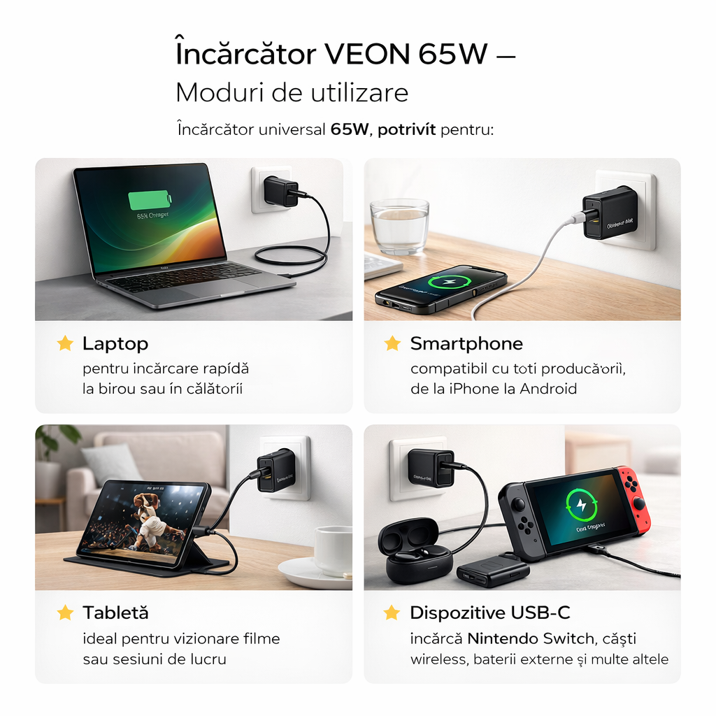 Încărcător VEON 65W GaN Fast Charge, USB-C PD, USB-A QC, Cablu USB-C Retractabil, Protecții Multiple, Negru Mat