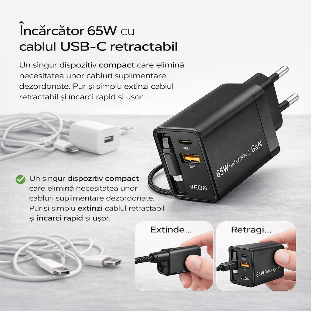 Încărcător VEON 65W GaN Fast Charge, USB-C PD, USB-A QC, Cablu USB-C Retractabil, Protecții Multiple, Negru Mat