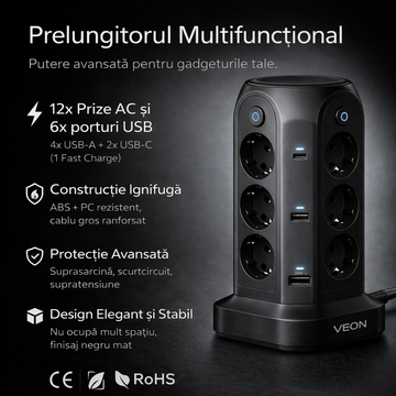 Prelungitor Tip Turn 4000W, 18 ieșiri, 12 Prize, 4x USB-A, 2x USB-C, Protecție Suprasarcină, Material Ignifug