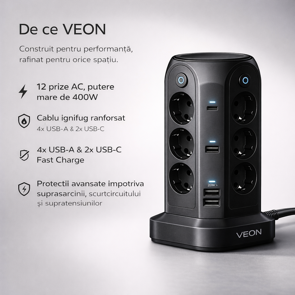Prelungitor Tip Turn 4000W, 18 ieșiri, 12 Prize, 4x USB-A, 2x USB-C, Protecție Suprasarcină, Material Ignifug