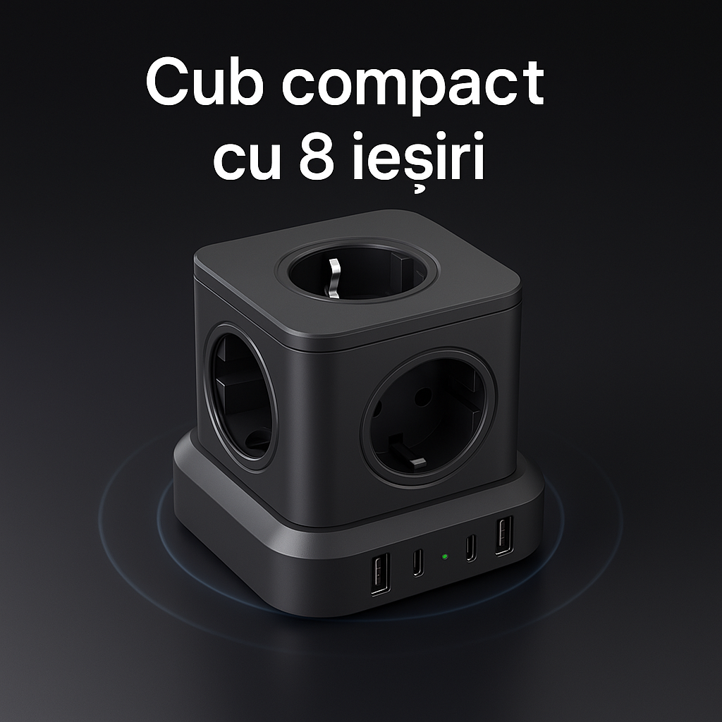 Prelungitor Cub Multifuncțional 4000W, 4 Prize, 2x USB-A, USB-C 20W, Protecție Suprasarcină, Scurtcircuit și Supracurent, Material ABS+PC