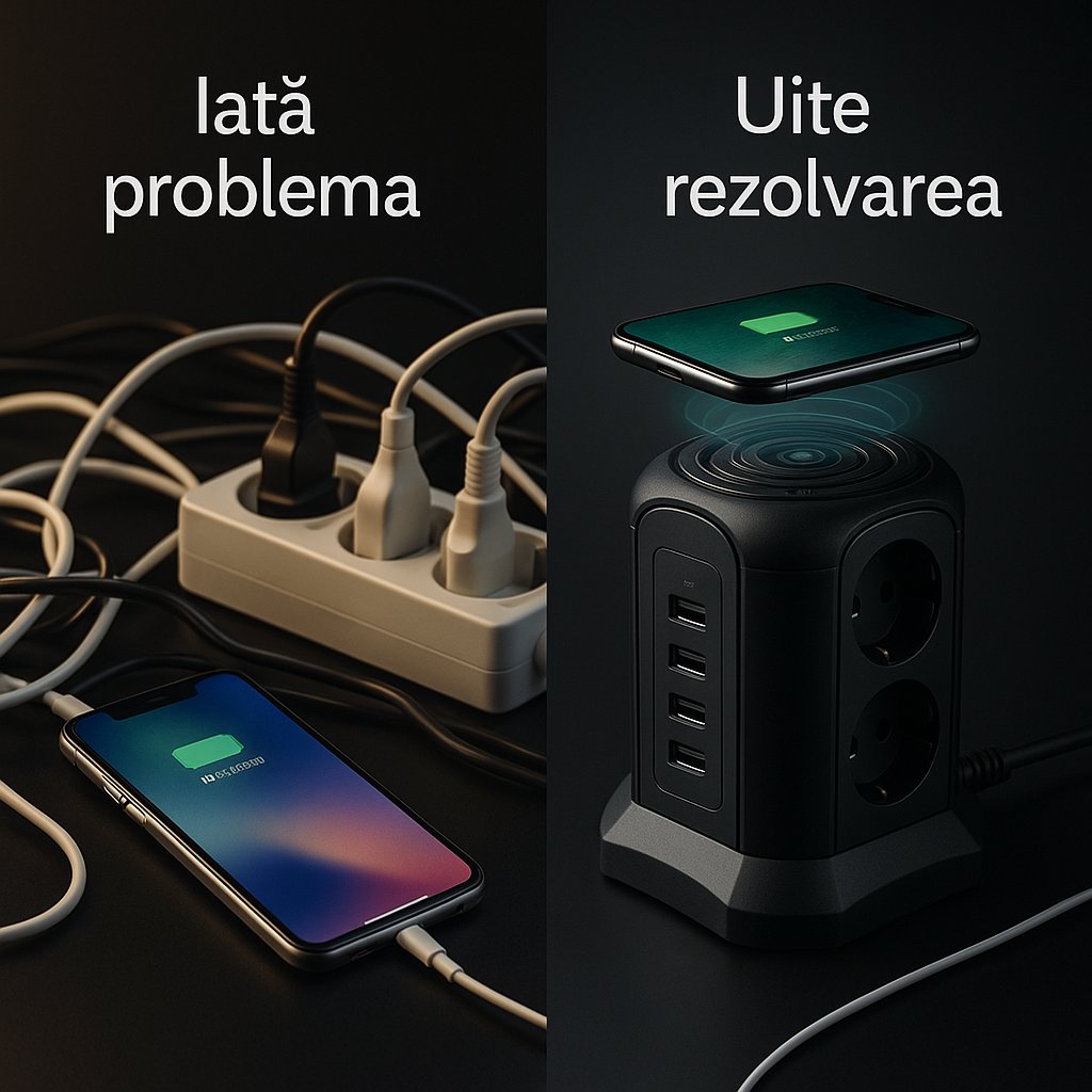 Prelungitor Tip Turn 4000W, 11 ieșiri, 6 Prize, 4x USB-A, Încărcare Wireless 5W, Protecție Suprasarcină, Material Ignifug