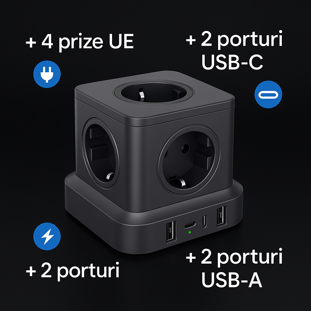 Prelungitor Cub Multifuncțional 4000W, 4 Prize, 2x USB-A, USB-C 20W, Protecție Suprasarcină, Scurtcircuit și Supracurent, Material ABS+PC