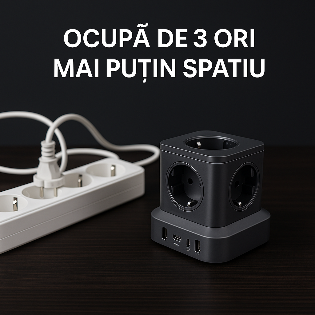 Prelungitor Cub Multifuncțional 4000W, 4 Prize, 2x USB-A, USB-C 20W, Protecție Suprasarcină, Scurtcircuit și Supracurent, Material ABS+PC