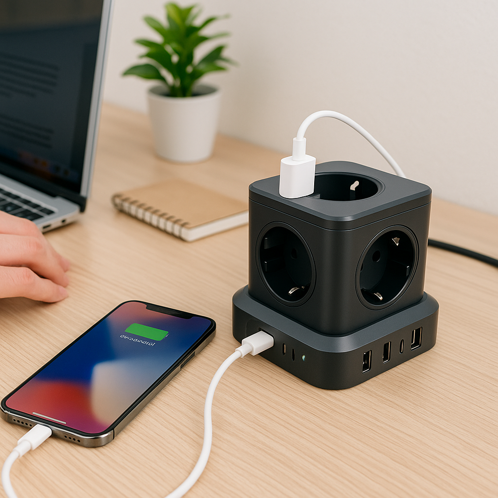 Prelungitor Cub Multifuncțional 4000W, 4 Prize, 2x USB-A, USB-C 20W, Protecție Suprasarcină, Scurtcircuit și Supracurent, Material ABS+PC