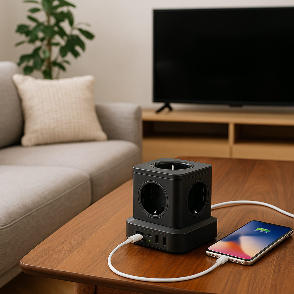 Prelungitor Cub Multifuncțional 4000W, 4 Prize, 2x USB-A, USB-C 20W, Protecție Suprasarcină, Scurtcircuit și Supracurent, Material ABS+PC