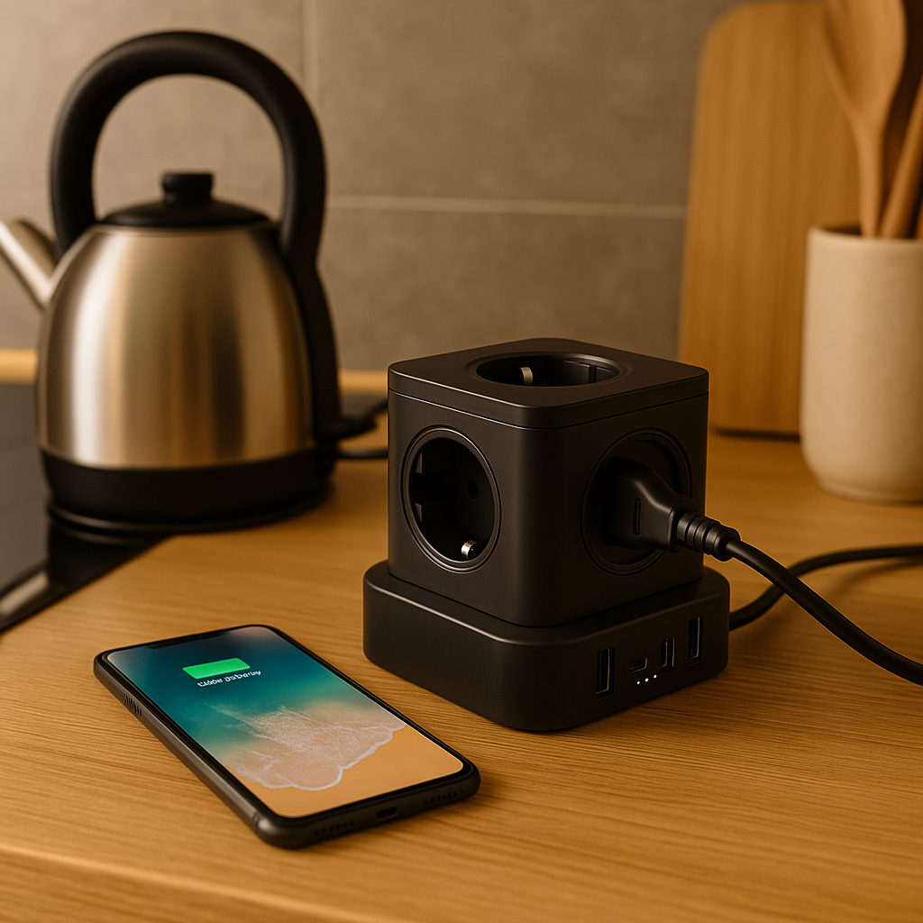 Prelungitor Cub Multifuncțional 4000W, 4 Prize, 2x USB-A, USB-C 20W, Protecție Suprasarcină, Scurtcircuit și Supracurent, Material ABS+PC