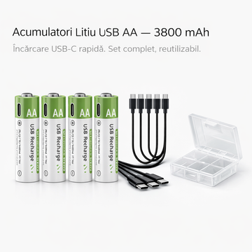 Acumulatori AA Litiu USB-C 1.5V, 3800mAh, Set 4 Bucăți, Încărcare Rapidă 40 min, Tensiune Stabilă, Cablu 4-în-1 și Cutie Depozitare