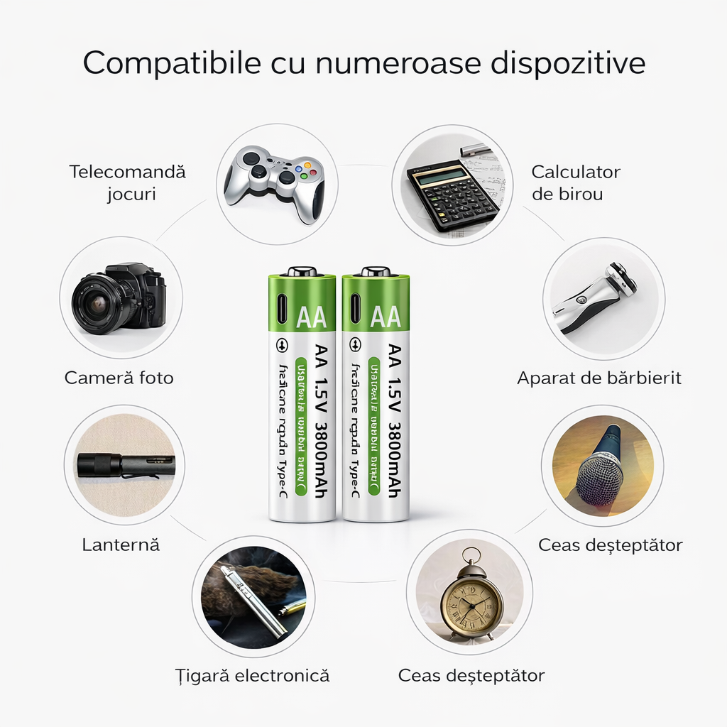 Acumulatori AA Litiu USB-C 1.5V, 3800mAh, Set 4 Bucăți, Încărcare Rapidă 40 min, Tensiune Stabilă, Cablu 4-în-1 și Cutie Depozitare