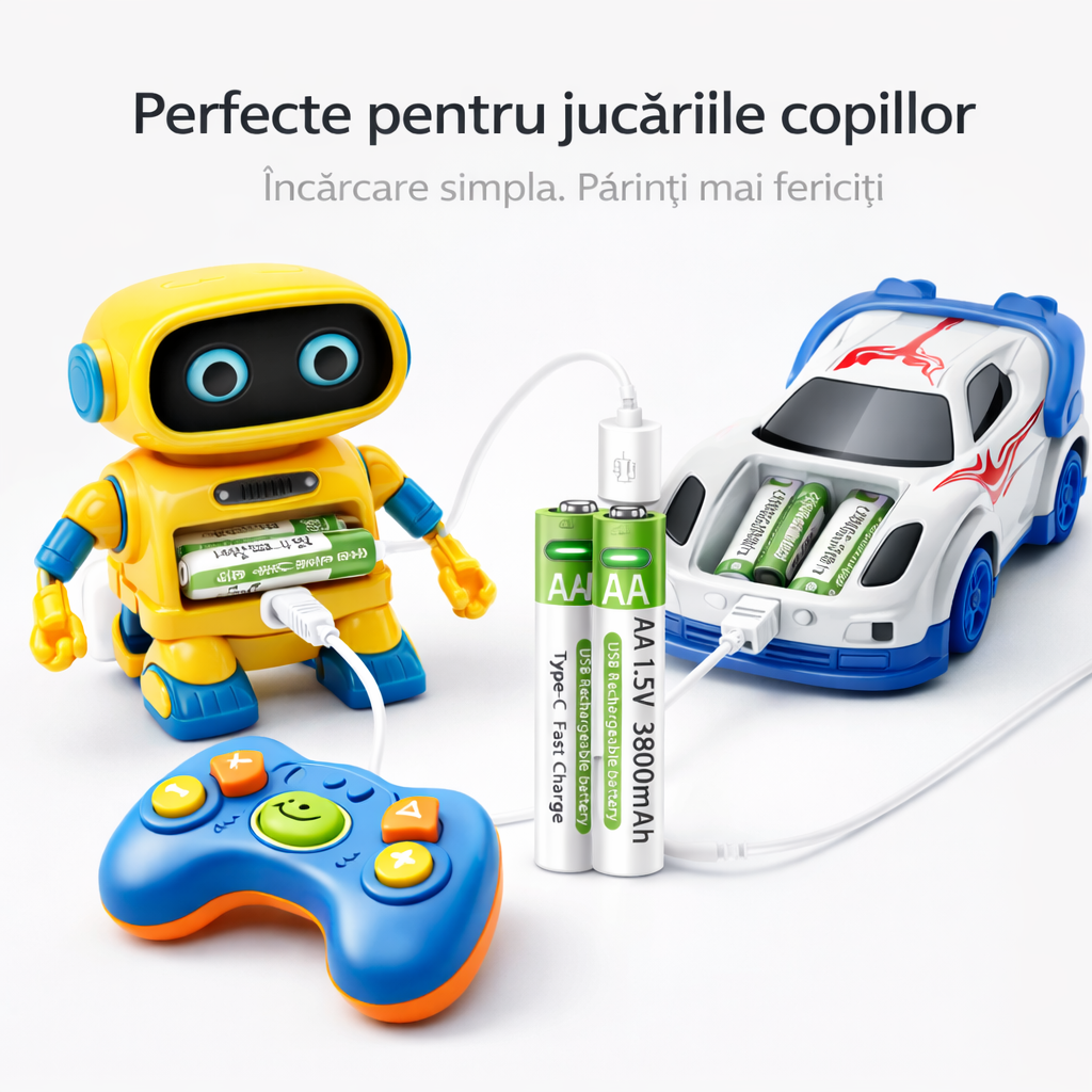 Acumulatori AA Litiu USB-C 1.5V, 3800mAh, Set 4 Bucăți, Încărcare Rapidă 40 min, Tensiune Stabilă, Cablu 4-în-1 și Cutie Depozitare