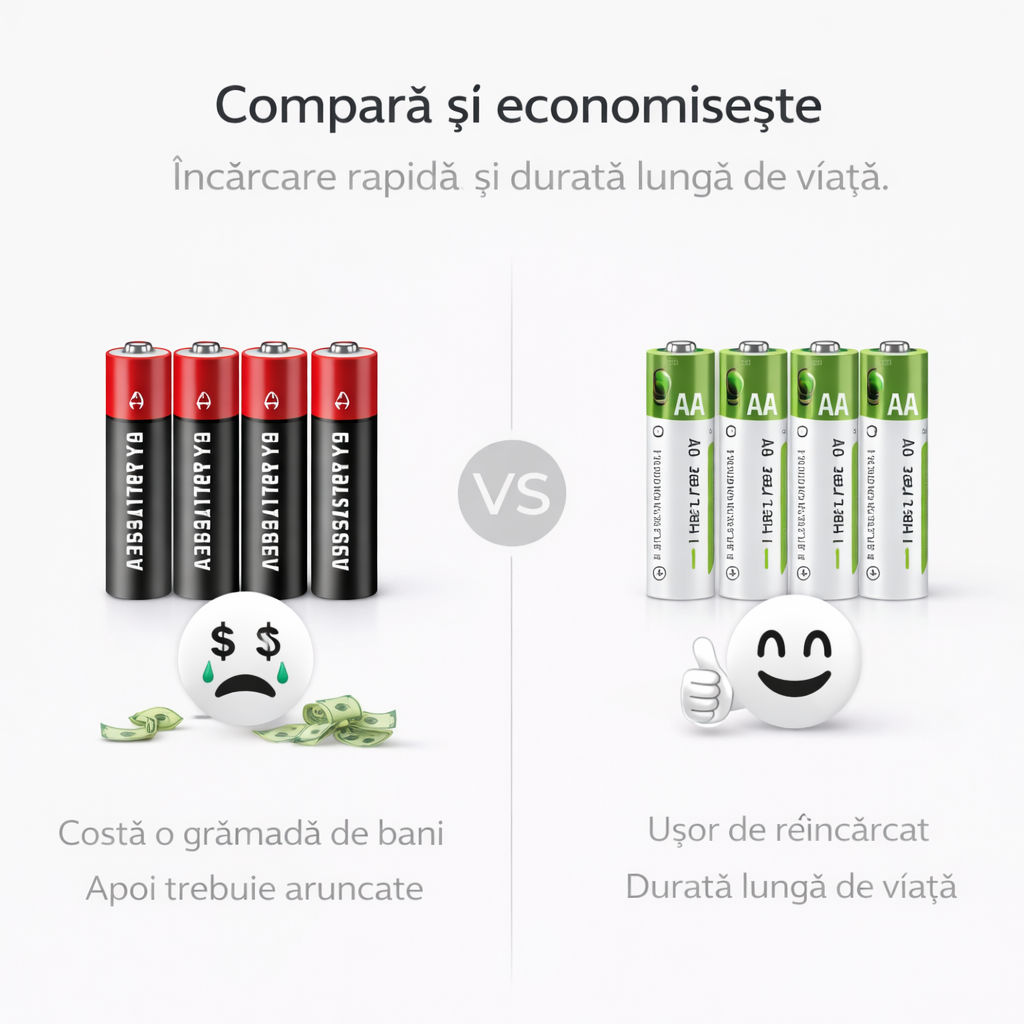 Acumulatori AA Litiu USB-C 1.5V, 3800mAh, Set 4 Bucăți, Încărcare Rapidă 40 min, Tensiune Stabilă, Cablu 4-în-1 și Cutie Depozitare