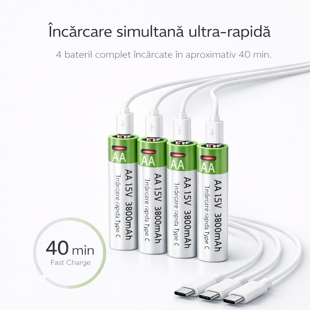 Acumulatori AA Litiu USB-C 1.5V, 3800mAh, Set 4 Bucăți, Încărcare Rapidă 40 min, Tensiune Stabilă, Cablu 4-în-1 și Cutie Depozitare