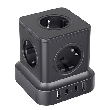 Prelungitor Cub Multifuncțional 4000W, 4 Prize, 2x USB-A, USB-C 20W, Protecție Suprasarcină, Scurtcircuit și Supracurent, Material ABS+PC