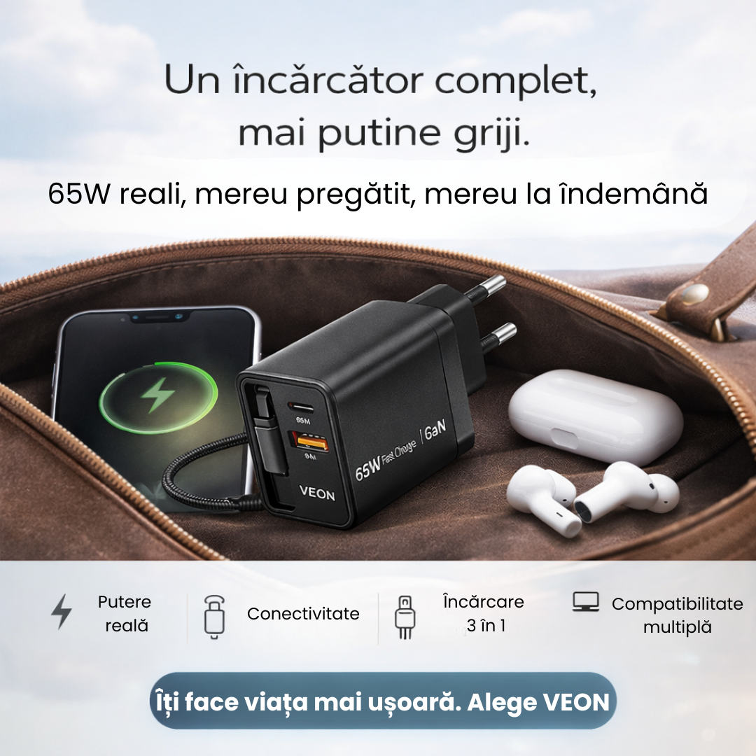 Încărcător VEON 65W GaN Fast Charge, USB-C PD, USB-A QC, Cablu USB-C Retractabil, Protecții Multiple, Negru Mat