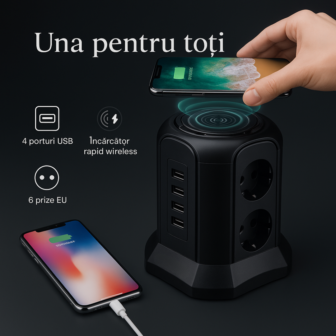 Prelungitor Tip Turn 4000W, 11 ieșiri, 6 Prize, 4x USB-A, Încărcare Wireless 5W, Protecție Suprasarcină, Material Ignifug