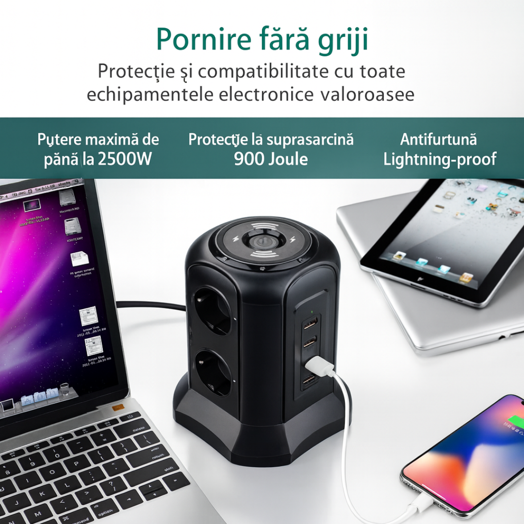 Prelungitor Tip Turn 4000W, 11 ieșiri, 6 Prize, 4x USB-A, Încărcare Wireless 5W, Protecție Suprasarcină, Material Ignifug