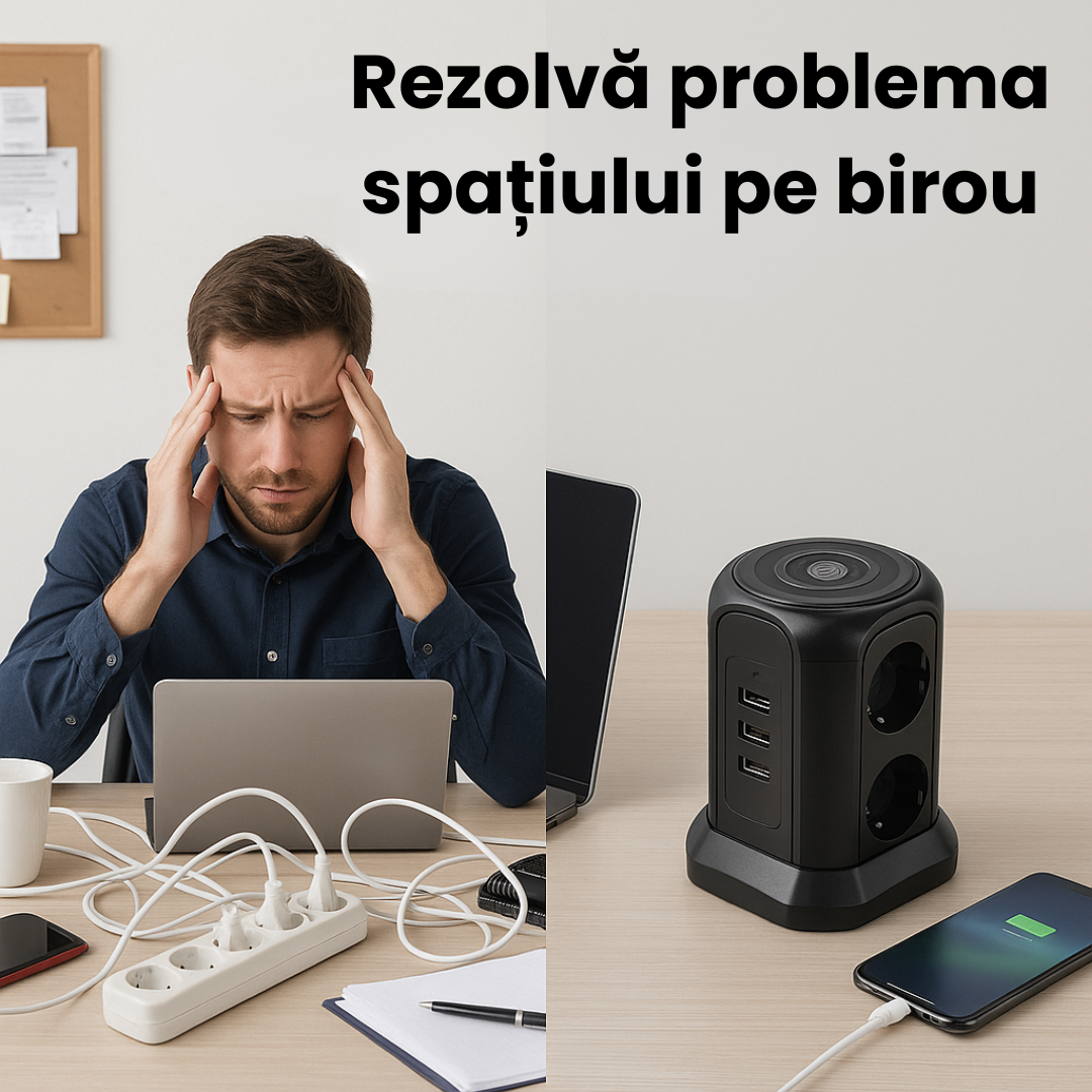 Prelungitor Tip Turn 4000W, 11 ieșiri, 6 Prize, 4x USB-A, Încărcare Wireless 5W, Protecție Suprasarcină, Material Ignifug