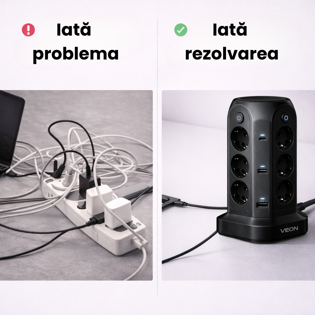 Prelungitor Tip Turn 4000W, 18 ieșiri, 12 Prize, 4x USB-A, 2x USB-C, Protecție Suprasarcină, Material Ignifug